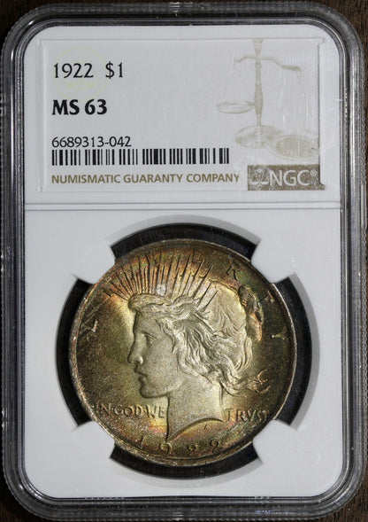 1922 (MS63) Peace Silver Dollar $1 NGC - Incredible Rainbow Toning