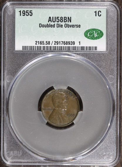 1955 (AU58BN CAC) Lincoln Cent Doubled Die Obverse DDO 1C CACG