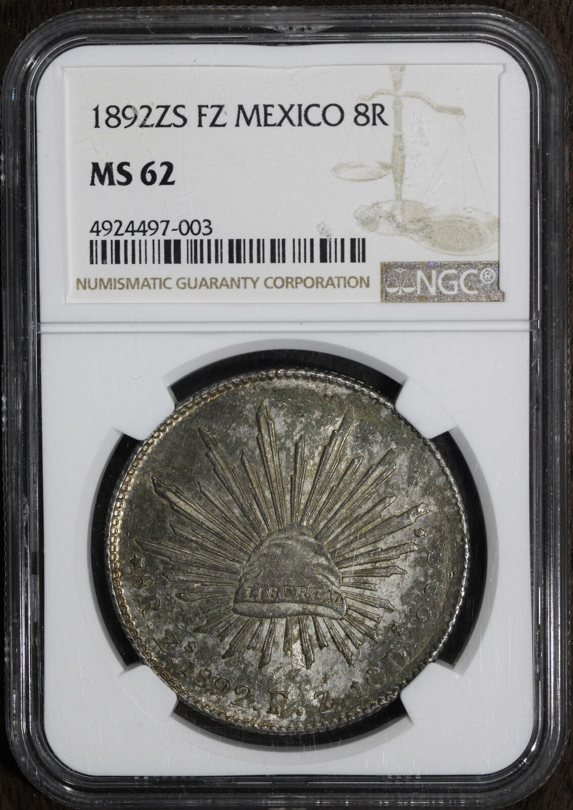 1892 Zs FZ (MS62) Mexico Cap & Rays 8 Reales NGC - Beautiful Original Tone!