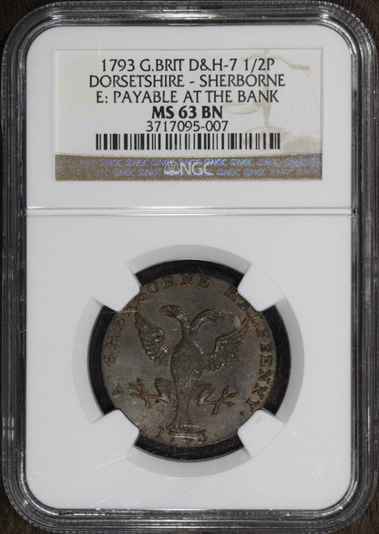1793 (MS63 BN) Dorsetshire - Sherborne Great Britain 1/2P Bank Token NGC