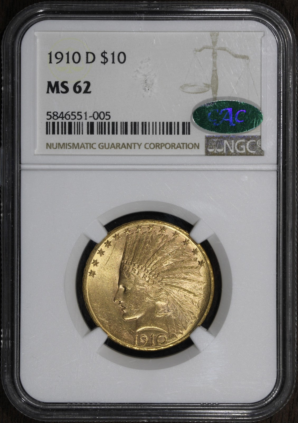 1910-D (MS62 CAC) Indian Head Gold Eagle $10 NGC - Semi Key Date