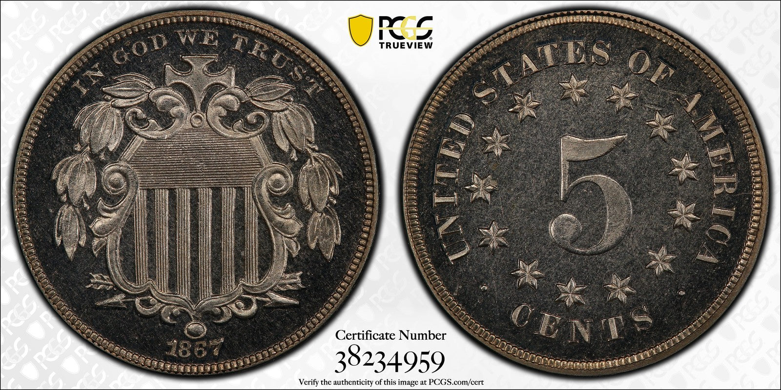 1867 (PR66 CAMEO CAC) Shield Nickel 5C PCGS - No Rays, Pattern Reverse