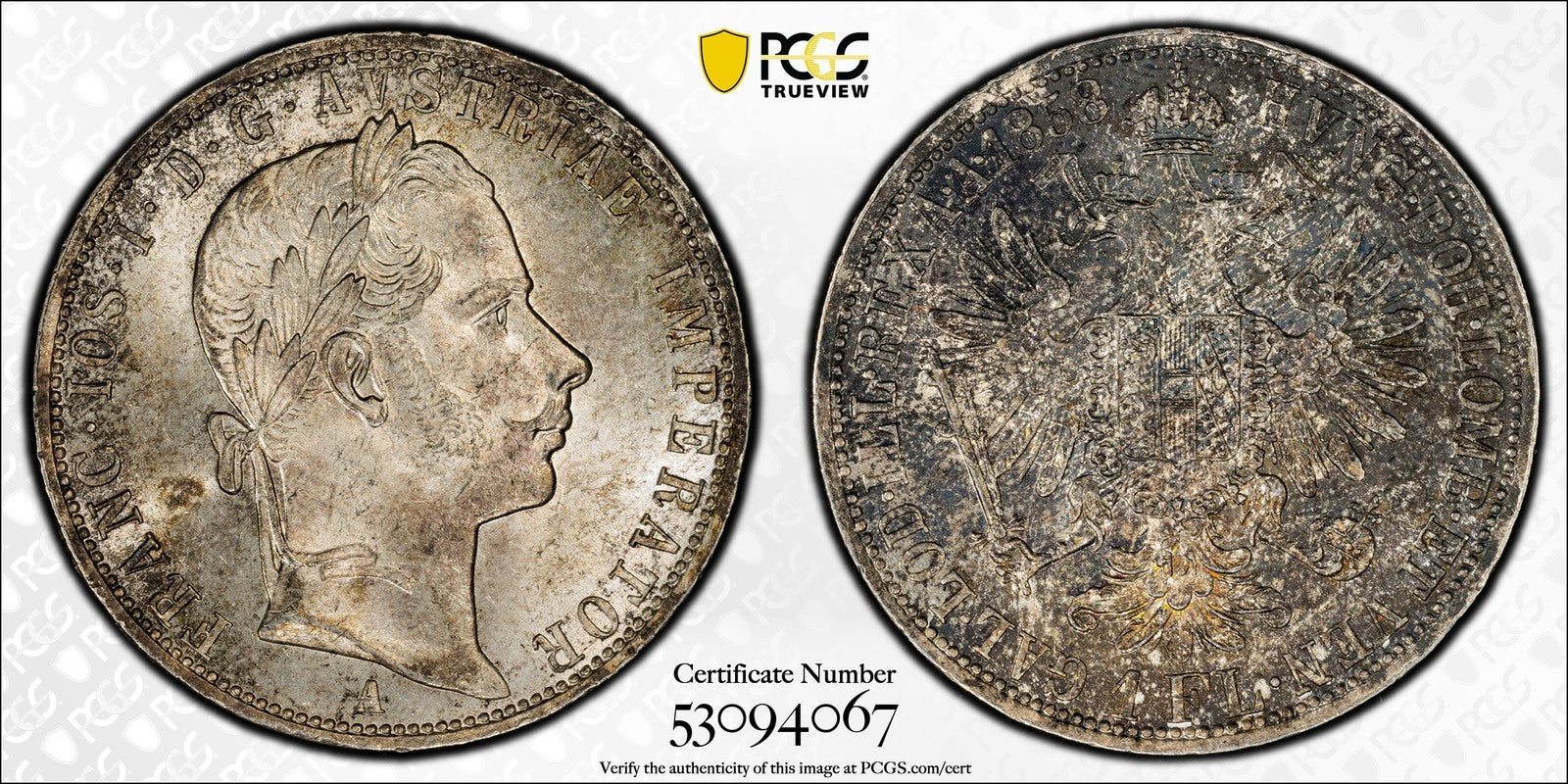 1858-A (MS65) Austria Franz Joseph Silver Florin PCGS - Top Pop Gem!