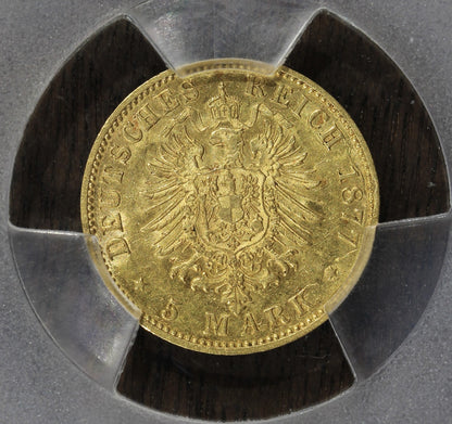1877-J (MS62) Hamburg Gold 5 Marks 5M PCGS - German Empire