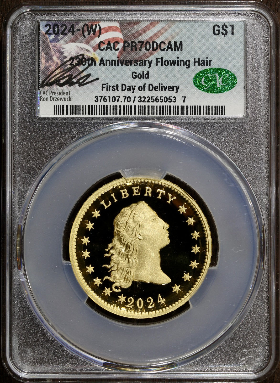 2024-W (PR70 DCAM) Flowing Hair $1 Gold Coin - 230th Anniversary - CACG FDOD
