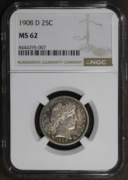 1908-D (MS62) Barber Quarter 25C NGC - Nice Rainbow Toning