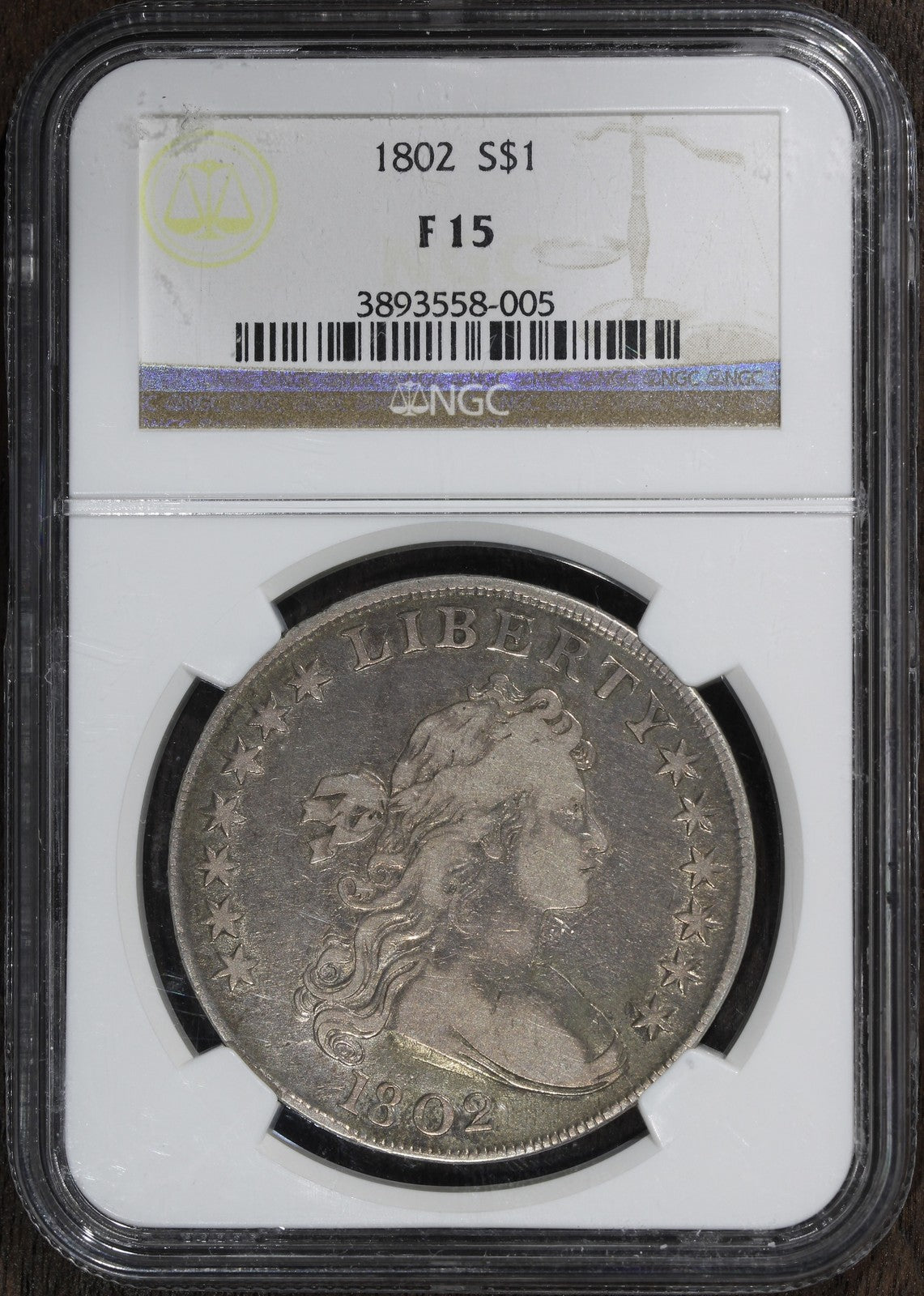 1802 (F15) Draped Bust Silver Dollar $1 NGC - Nicely Circulated