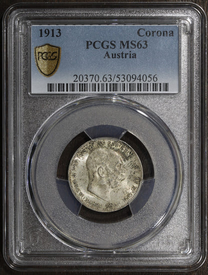 1913 (MS63) Austria Franz Joseph Silver 1 Corona PCGS - Nice Flashy Coin