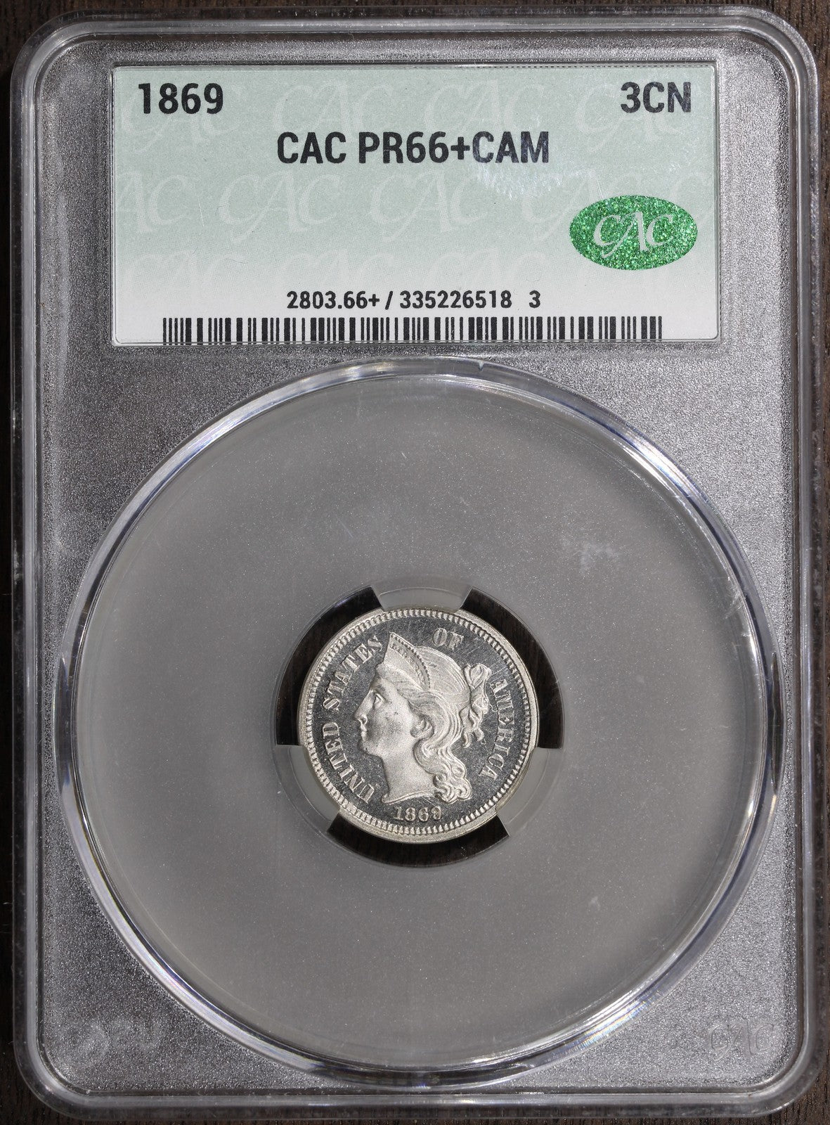 1869 (PR66+ CAMEO CAC) Three Cent Nickel 3C CACG - Frosty Cameo Surfaces
