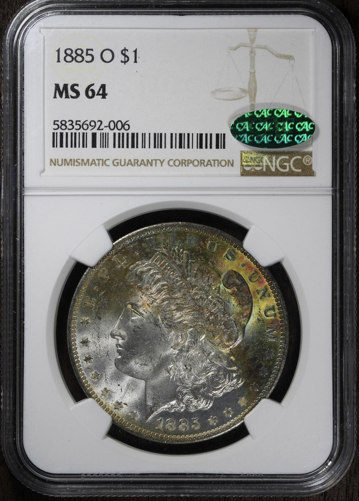 1885-O (MS64 CAC) Morgan Silver Dollar $1 NGC - Rainbow Toned