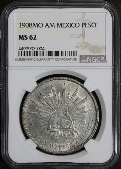 1908 Mo AM (MS62) Mexico Cap & Rays 1 Peso NGC - Strong Strike!