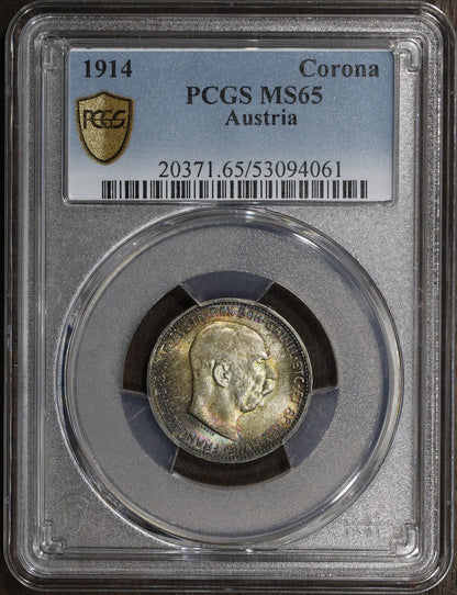 1914 (MS65) Austria Franz Joseph Silver 1 Corona PCGS - RAINBOW TONED GEM
