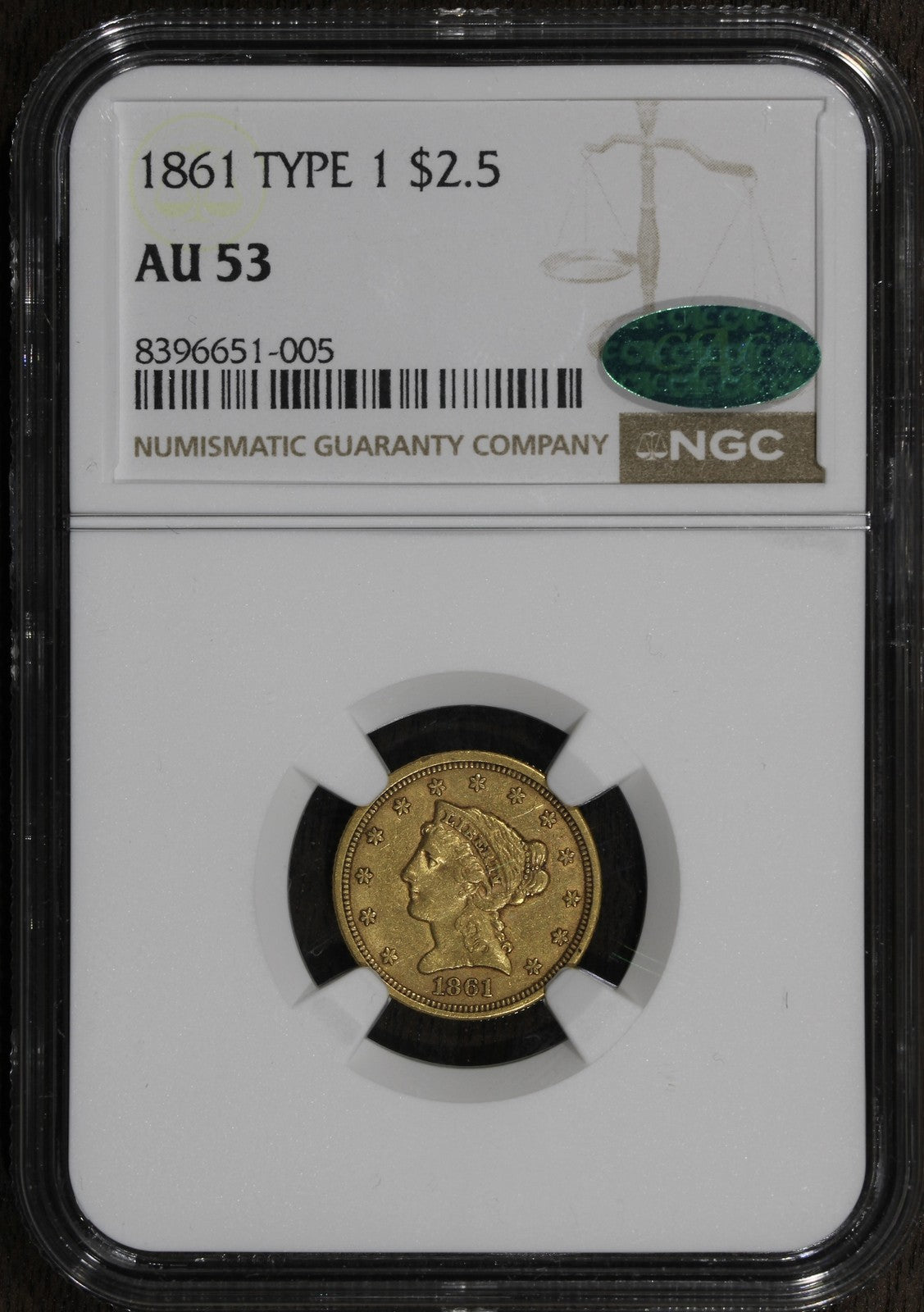 1861 (AU53 CAC) Type 1 Liberty Head Quarter Eagle Gold $2.50 NGC - Old Reverse