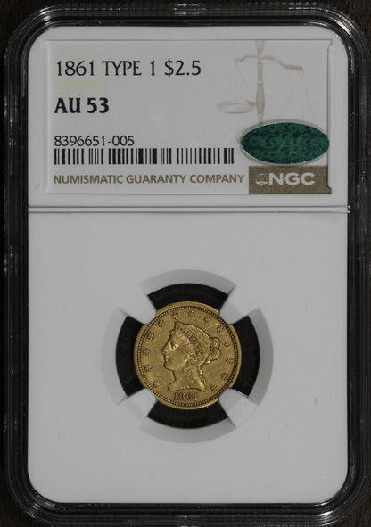 1861 (AU53 CAC) Type 1 Liberty Head Quarter Eagle Gold $2.50 NGC - Old Reverse