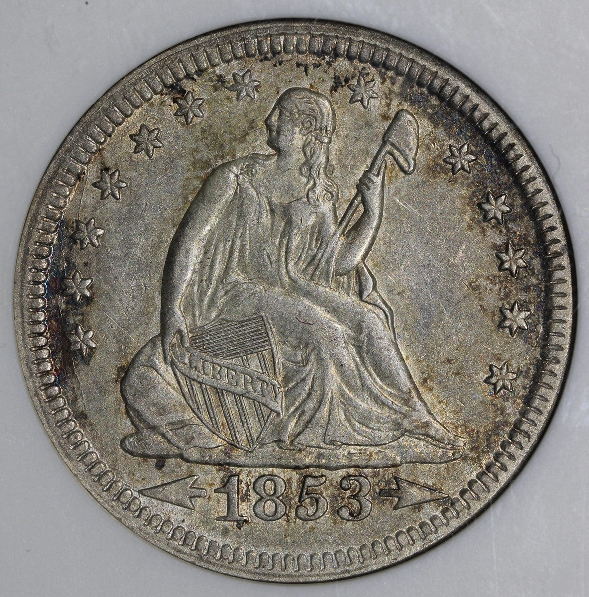 1853/4 (AU55) Seated Liberty Quarter with Arrows and Rays 25C ANACS Soapbox