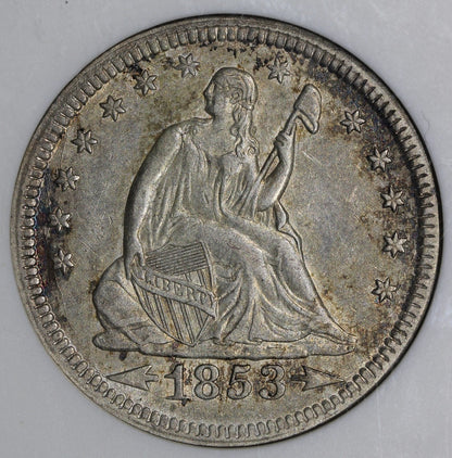 1853/4 (AU55) Seated Liberty Quarter with Arrows and Rays 25C ANACS Soapbox