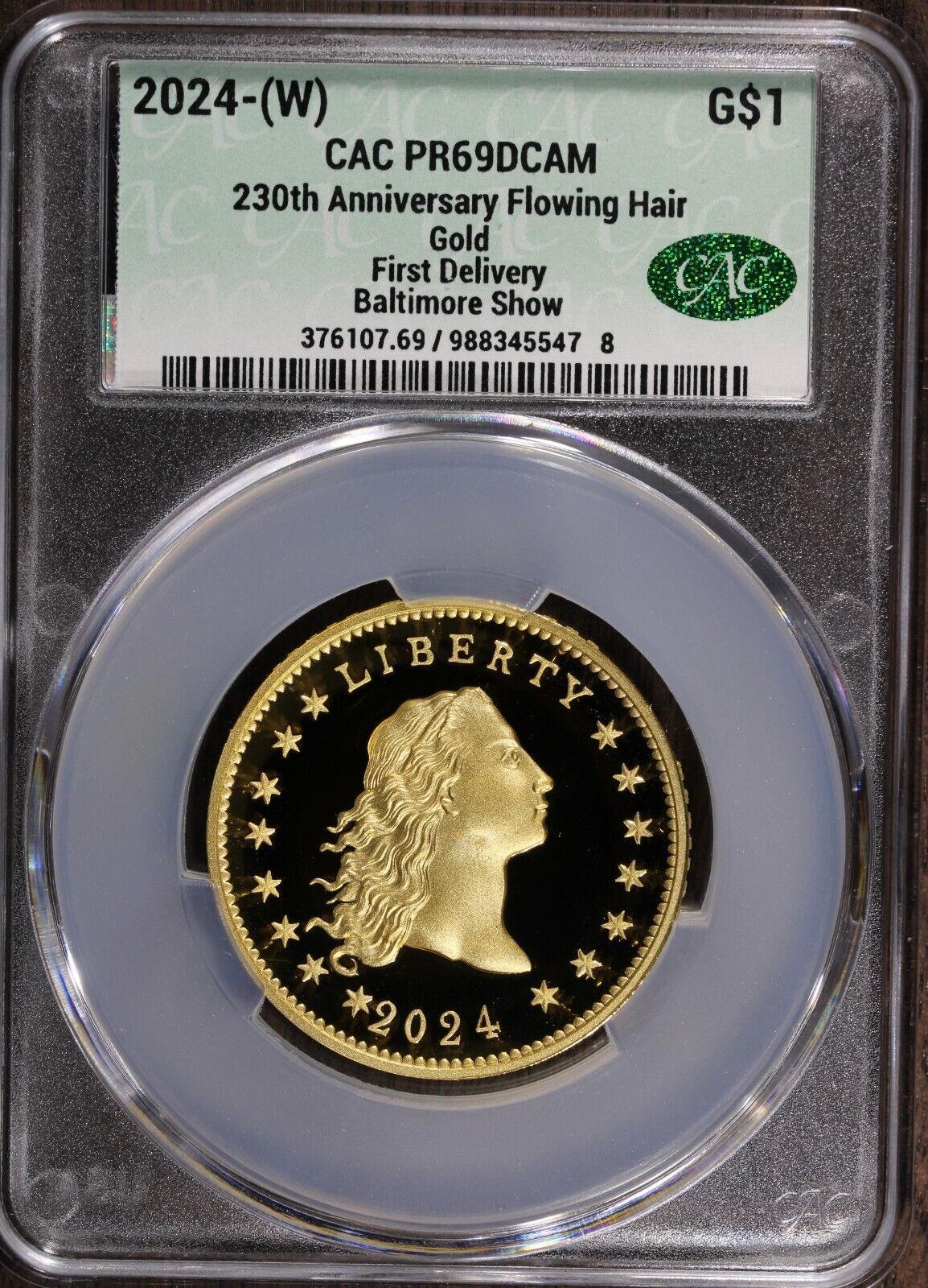 2024 (PR69) Flowing Hair $1 Gold Coin-230 Anni-First Delivery FD (Baltimore) CAC