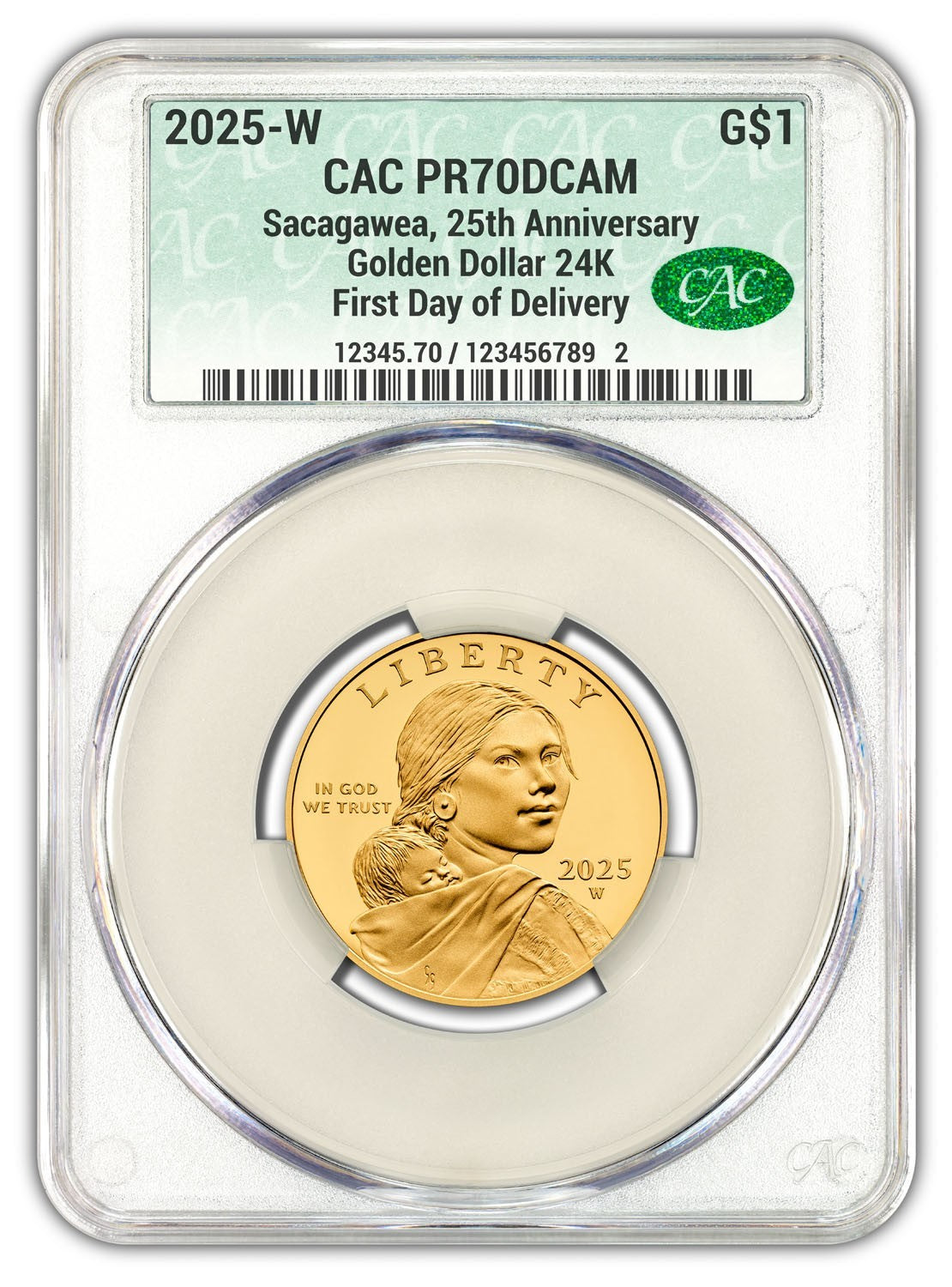 2025-W (PR70) Proof Sacagawea Gold Dollar 25th Anniversary $1 CACG FDOD -Presale