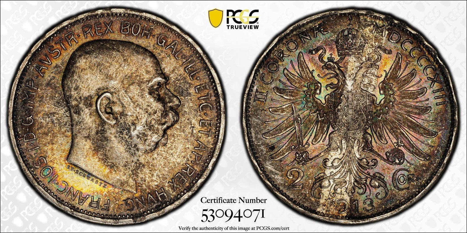1914 (MS65) Austria Franz Joseph Silver 2 Corona PCGS - Tape Toned Gem!