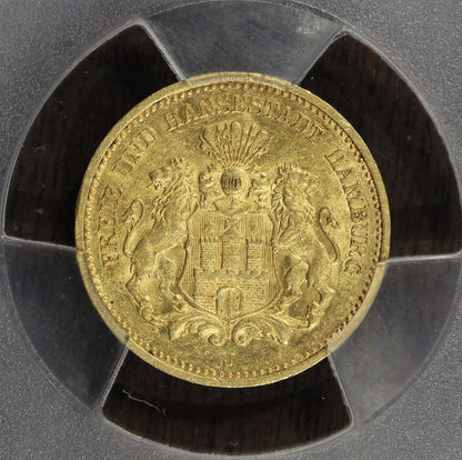 1877-J (MS62) Hamburg Gold 5 Marks 5M PCGS - German Empire