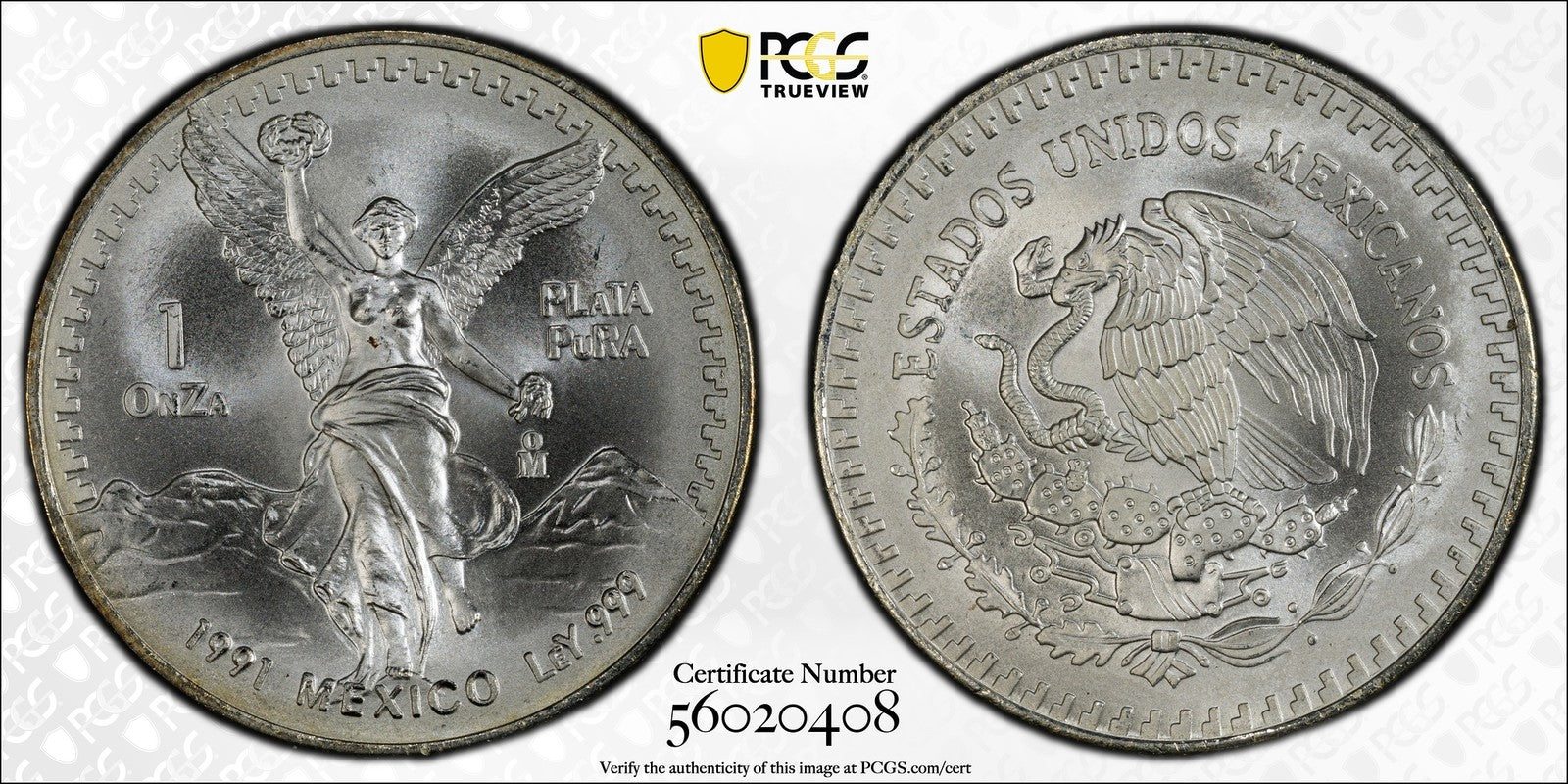 1991-Mo (MS68) Type 2 Mexico Libertad Silver Onza PCGS - Rare TYPE 2