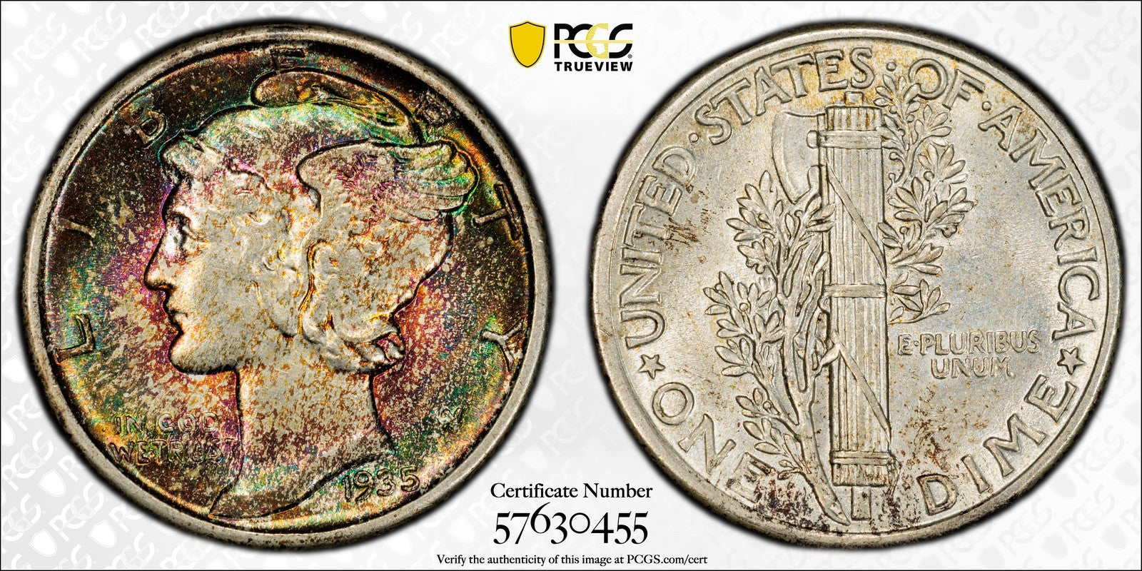 1935 (AU58 CAC) Mercury Dime 10C PCGS - Beautiful Rainbow Toned