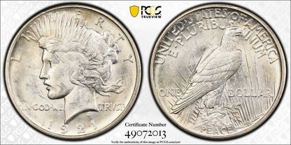 1921 (MS62) Peace Silver Dollar $1 PCGS - HIGH RELIEF