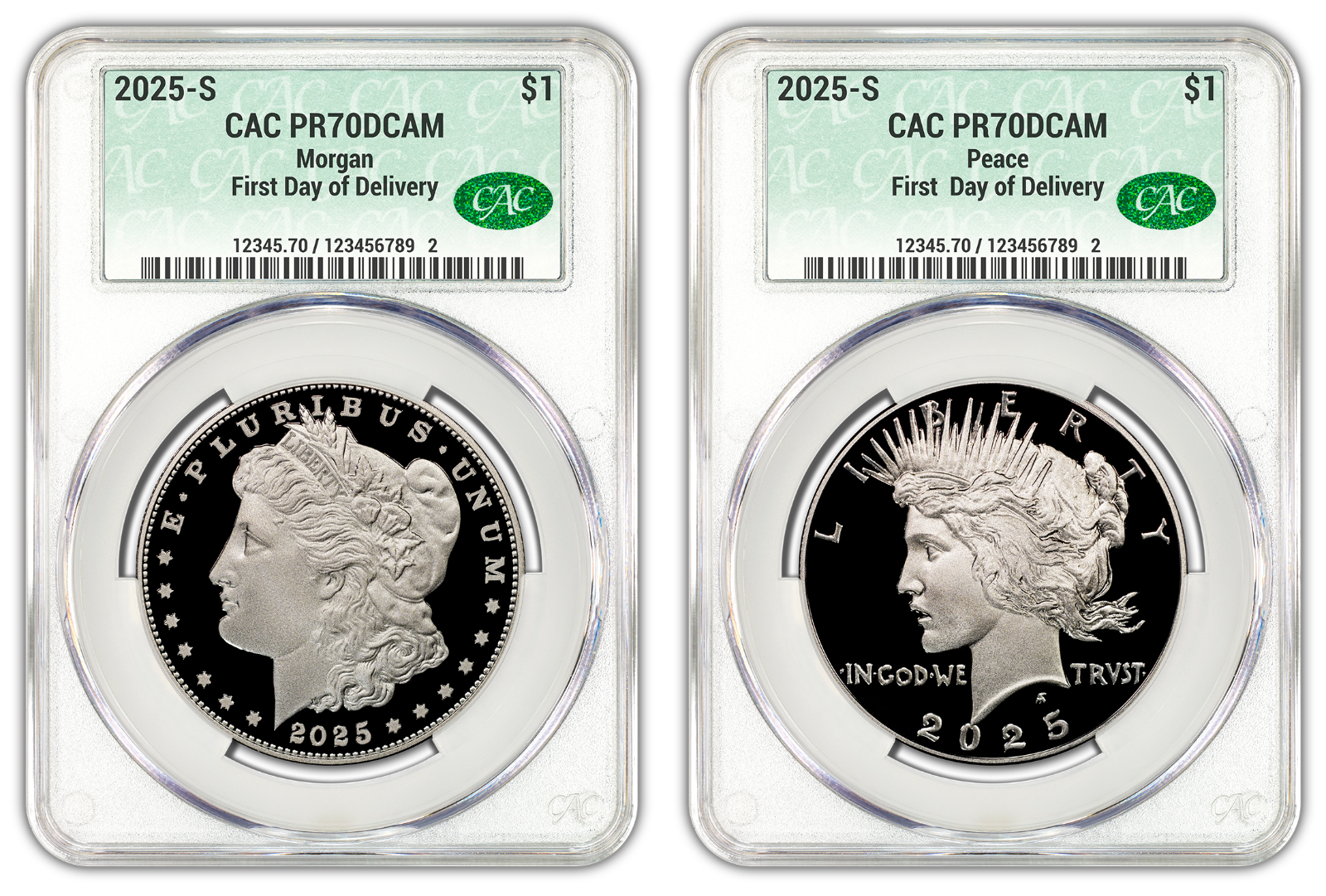 2025-S (PR70) Proof Morgan & Peace Silver Dollar (2 Coin Set) CAC FDOD Presale