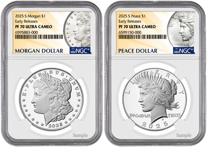2025-S (PF70) Proof Morgan & Peace Silver Dollar (2 Coin Set) ER NGC Presale