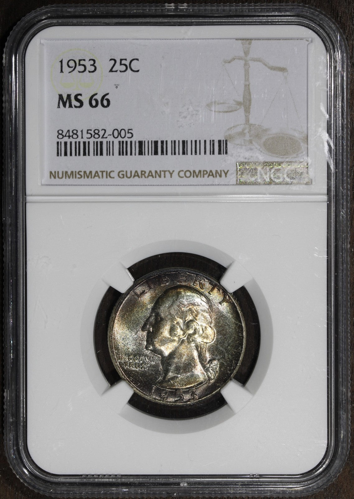 1953 (MS66) Washington Quarter 25C NGC - Rainbow Toned
