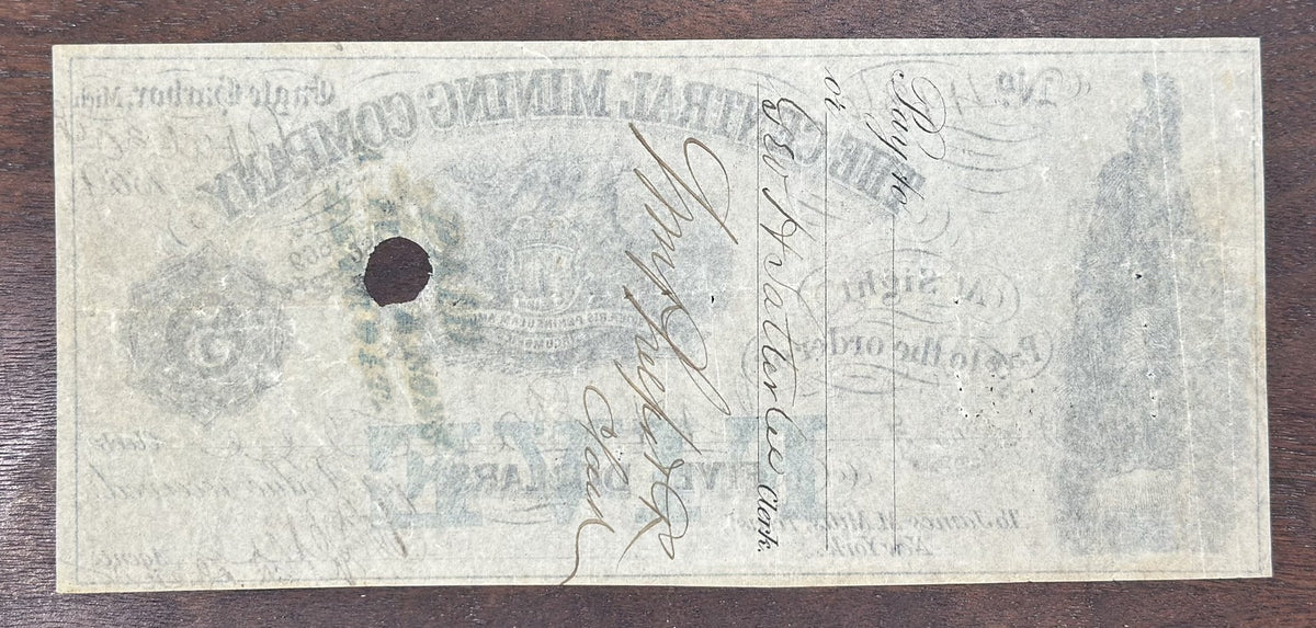 1866 $5 Central Mining Company Obsolete Bank Note - Cancelled Five Dollars