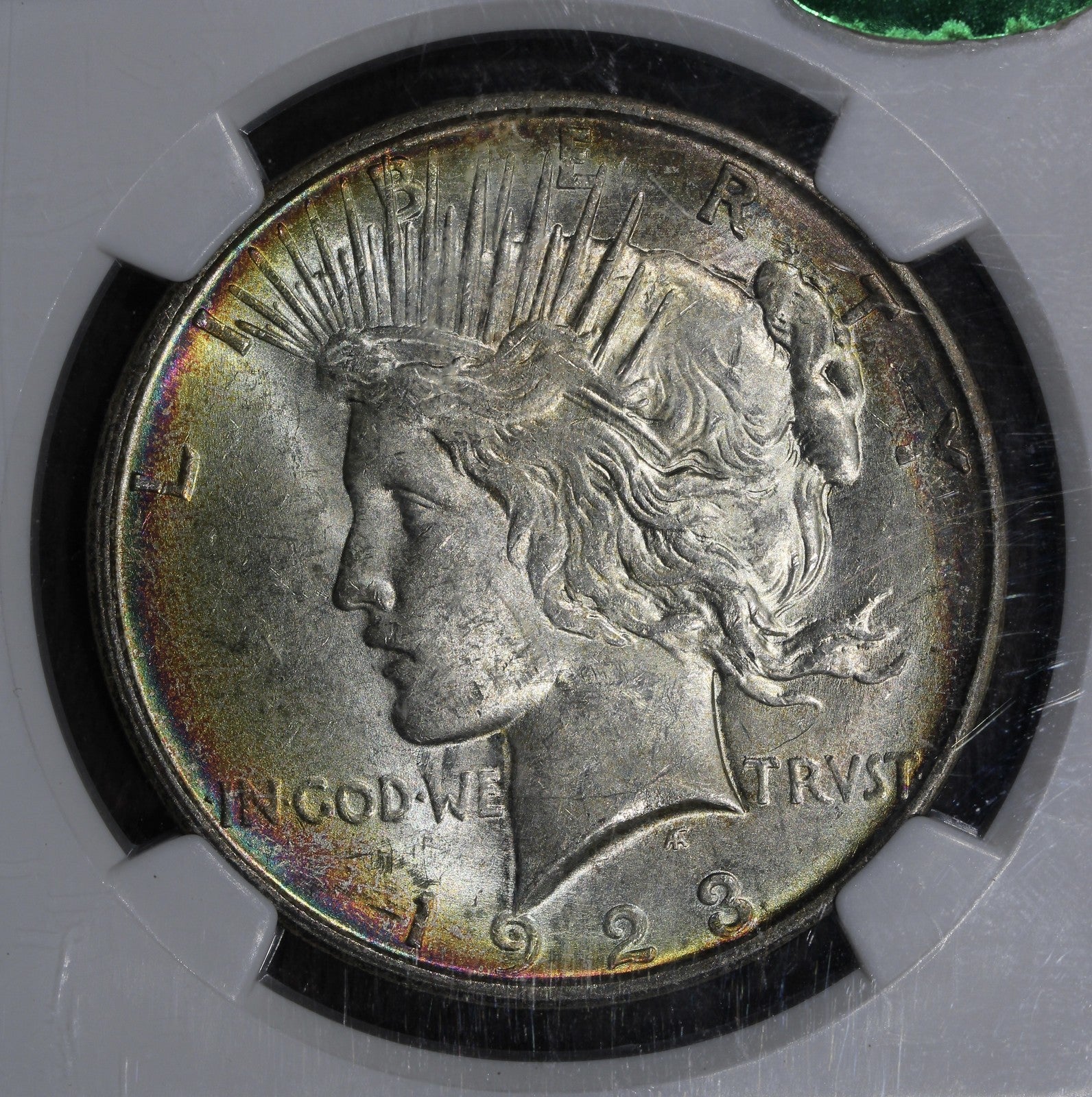 1923-D (MS61 CAC) Peace Silver Dollar $1 NGC Rainbow Toned - Colorful