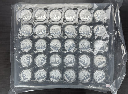 (30) 2010 30 Gram Silver Chinese Pandas - Sheet of 30 from Original Monster Box