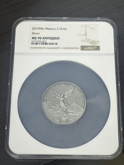2019-Mo (MS70 ANTIQUED) Mexico 2 oz Silver Libertad 2 Onza NGC - Antique Finish
