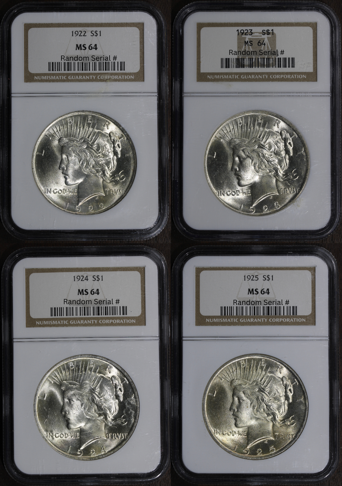 1922 1923 1924 1925 (MS64) Lot of 4 Peace Dollar $1 NGC - All MS64