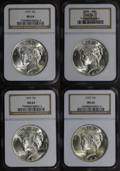 1922 1923 1924 1925 (MS64) Lot of 4 Peace Dollar $1 NGC - All MS64