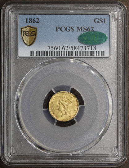1862 (MS62 CAC) Type 3 Indian Princess Gold Dollar $1 PCGS