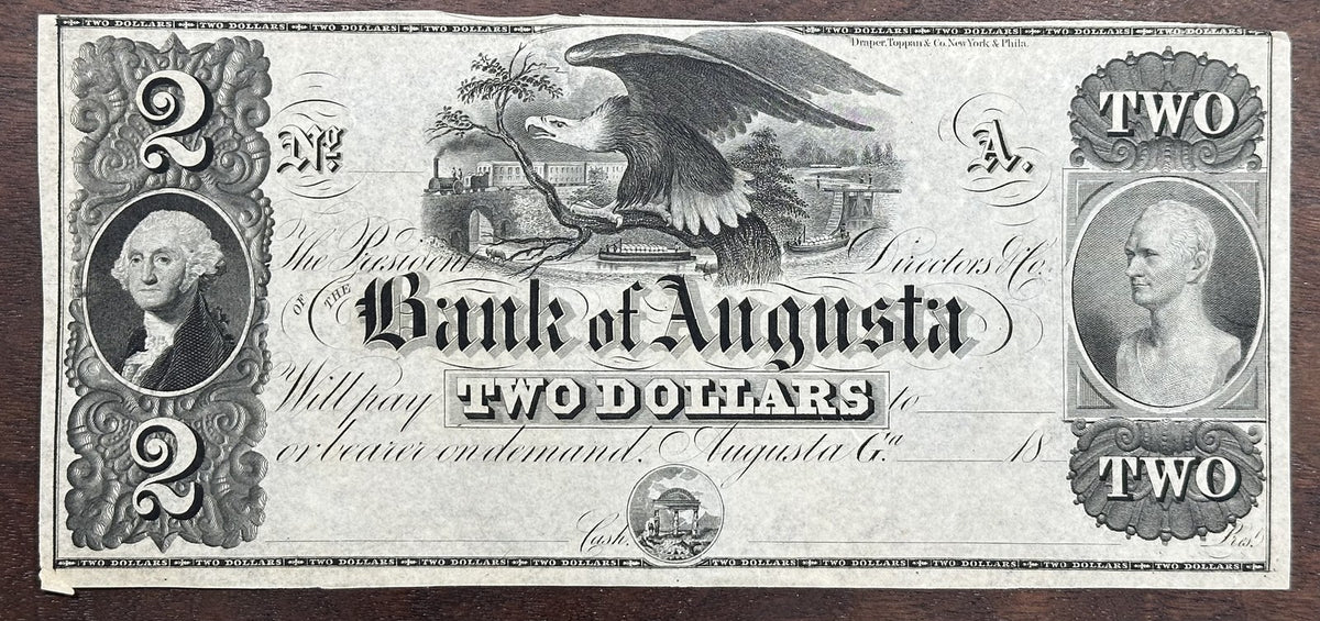 1800's $2 Bank of Augusta Obsolete Bank Note Two Dollars - Remainder
