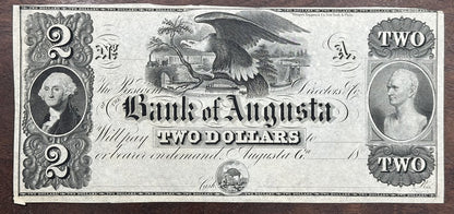 1800's $2 Bank of Augusta Obsolete Bank Note Two Dollars - Remainder