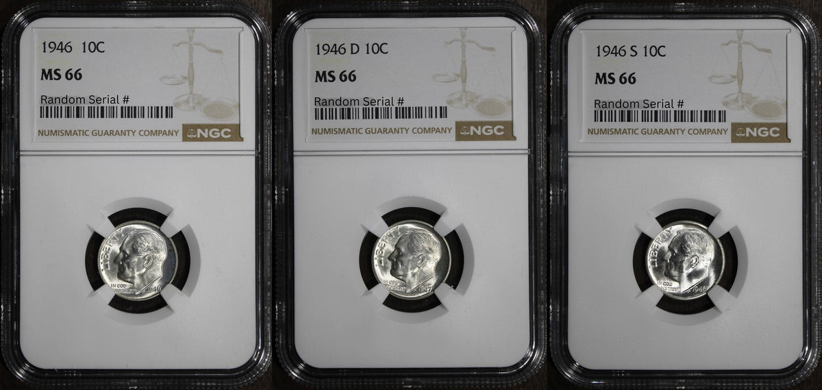 1946-P/D/S (MS66) Roosevelt Dime Three Coin Set 10C NGC