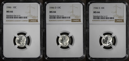 1946-P/D/S (MS66) Roosevelt Dime Three Coin Set 10C NGC