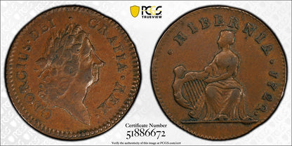 1722 (AU53) Hibernia Halfpenny Harp Left 1/2P PCGS - Colonial