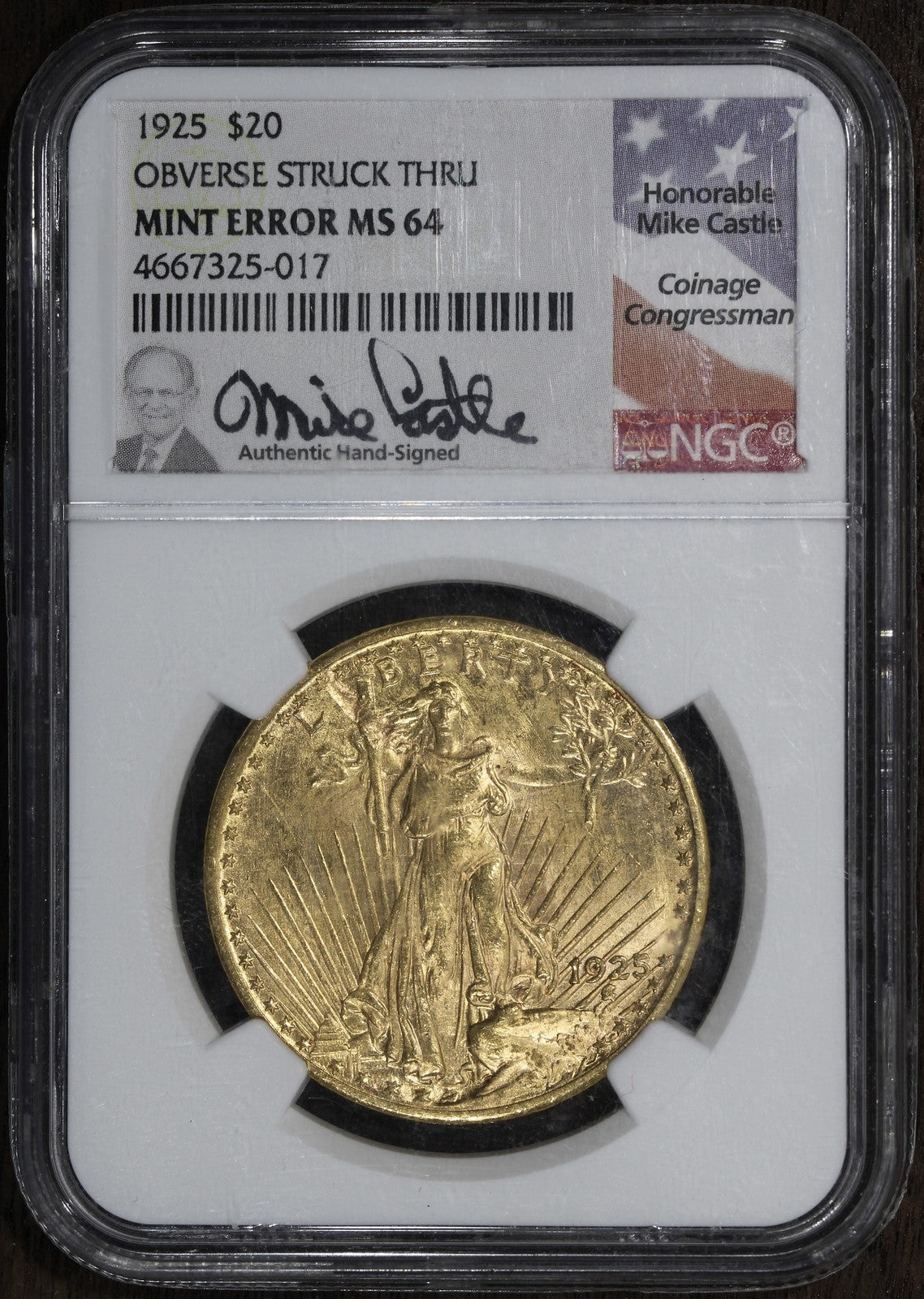 1925 (MS64) Saint Gauden's Double Eagle Gold $20 NGC - Mint Error Obverse Struck