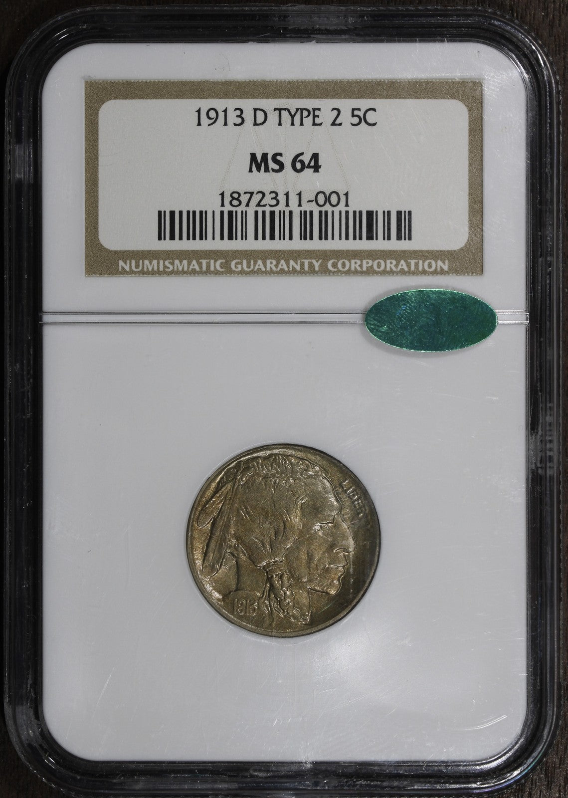 1913-D (MS64 CAC) Type 2 Buffalo Nickel 5C NGC