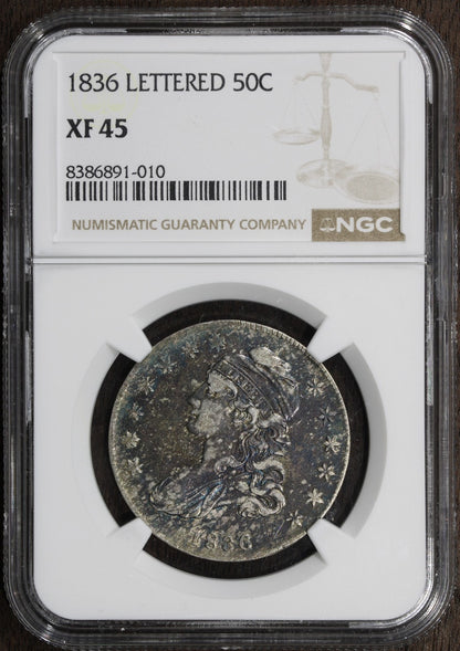 1836 (XF45) Capped Bust Half Dollar NGC - Lettered Edge, Colorful Toning