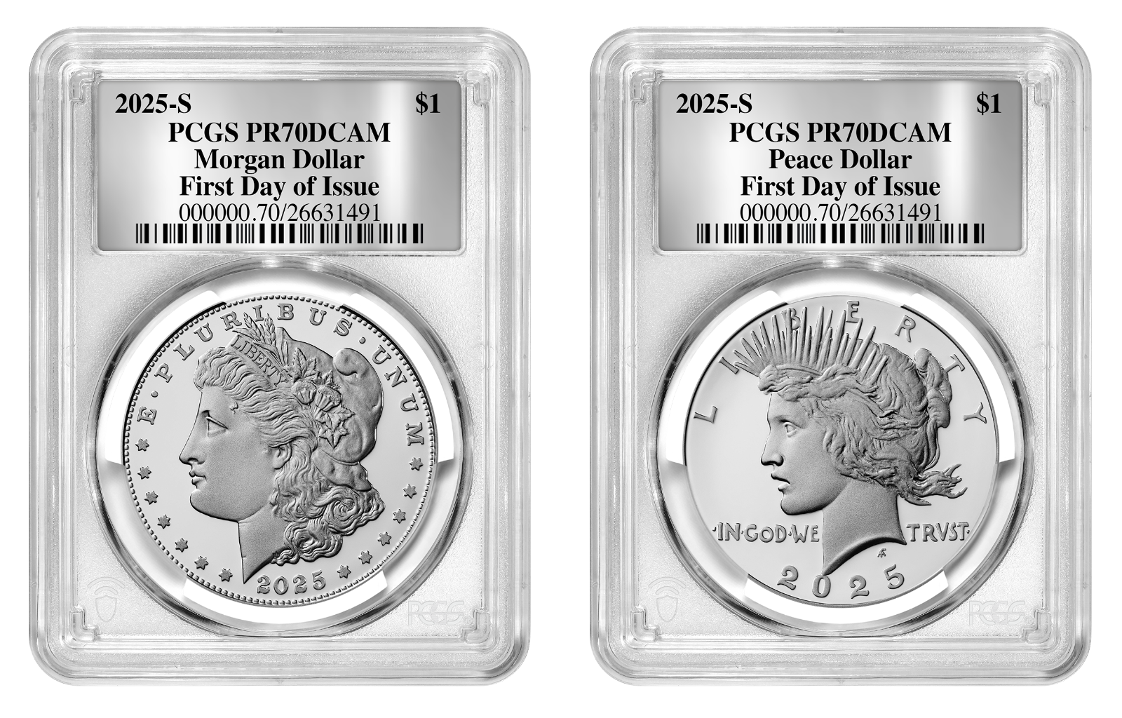 2025-S (PR70) Proof Morgan & Peace Silver Dollar (2 Coin Set) FDOI PCGS Presale