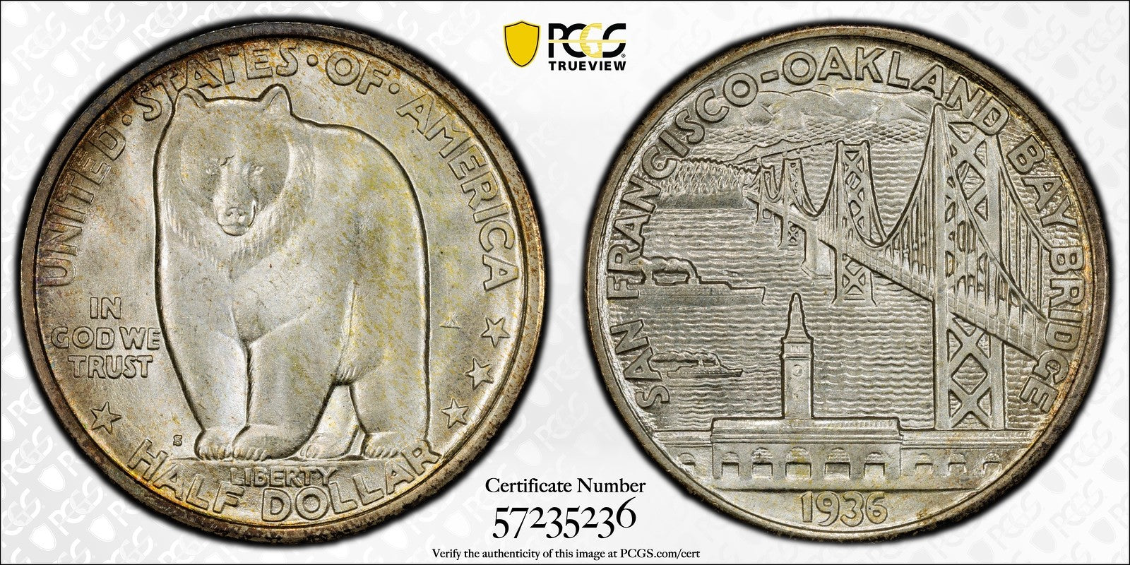1936-S (MS67+ CAC) Bay Bridge Commemorative Half Dollar 50C PCGS - Superb Gem!