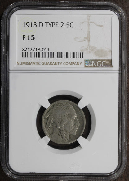 1913-D (F15) Type 2 Buffalo Nickel 5C NGC - KEY Date