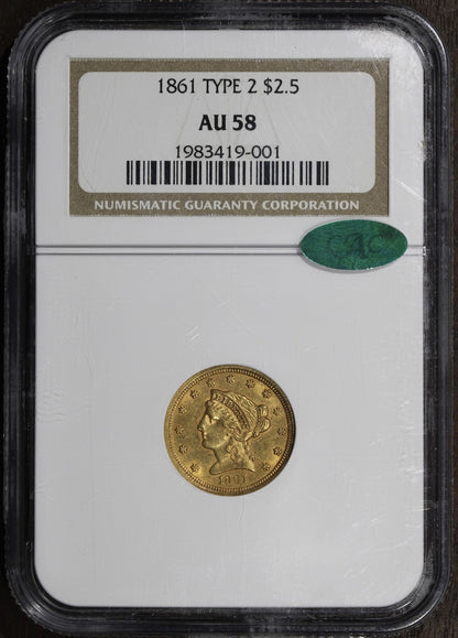 1861 (AU58 CAC) Type 2 Liberty Head Gold Quarter Eagle $2.50 NGC New Reverse