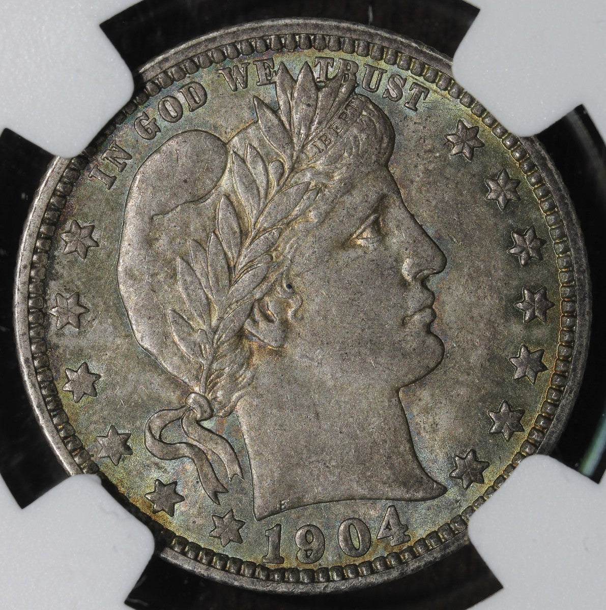 1904-O (AU58 CAC) Barber Quarter 25C NGC - Colorful Toning